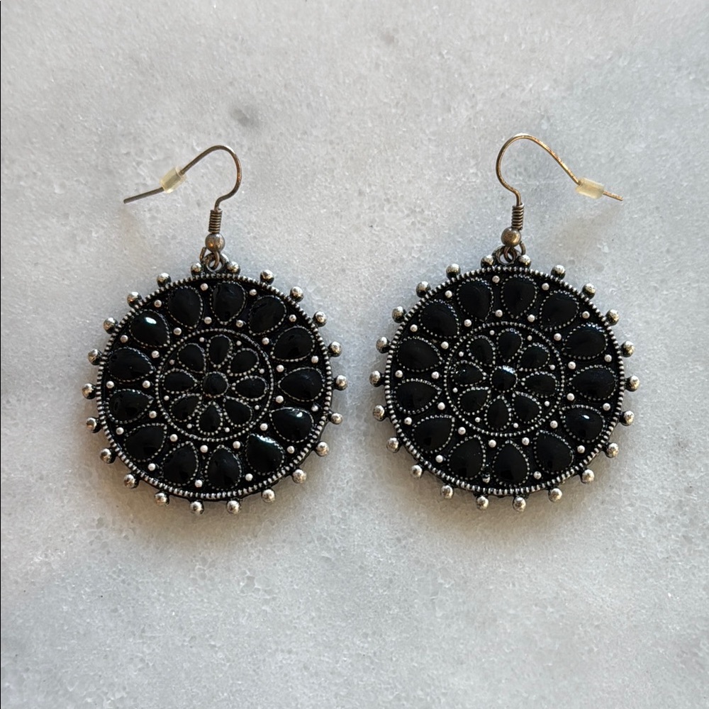 Black Beaded Circle Earrings